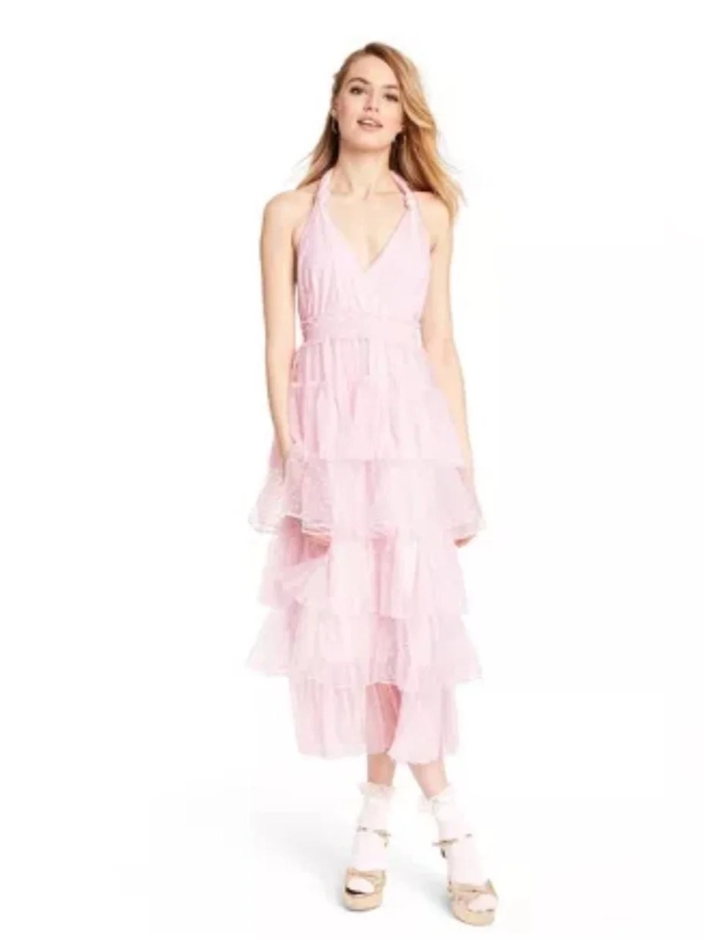 Love Shack Fancy Homecoming Isabelle Halter Tiered Pink Cottage Core Dress